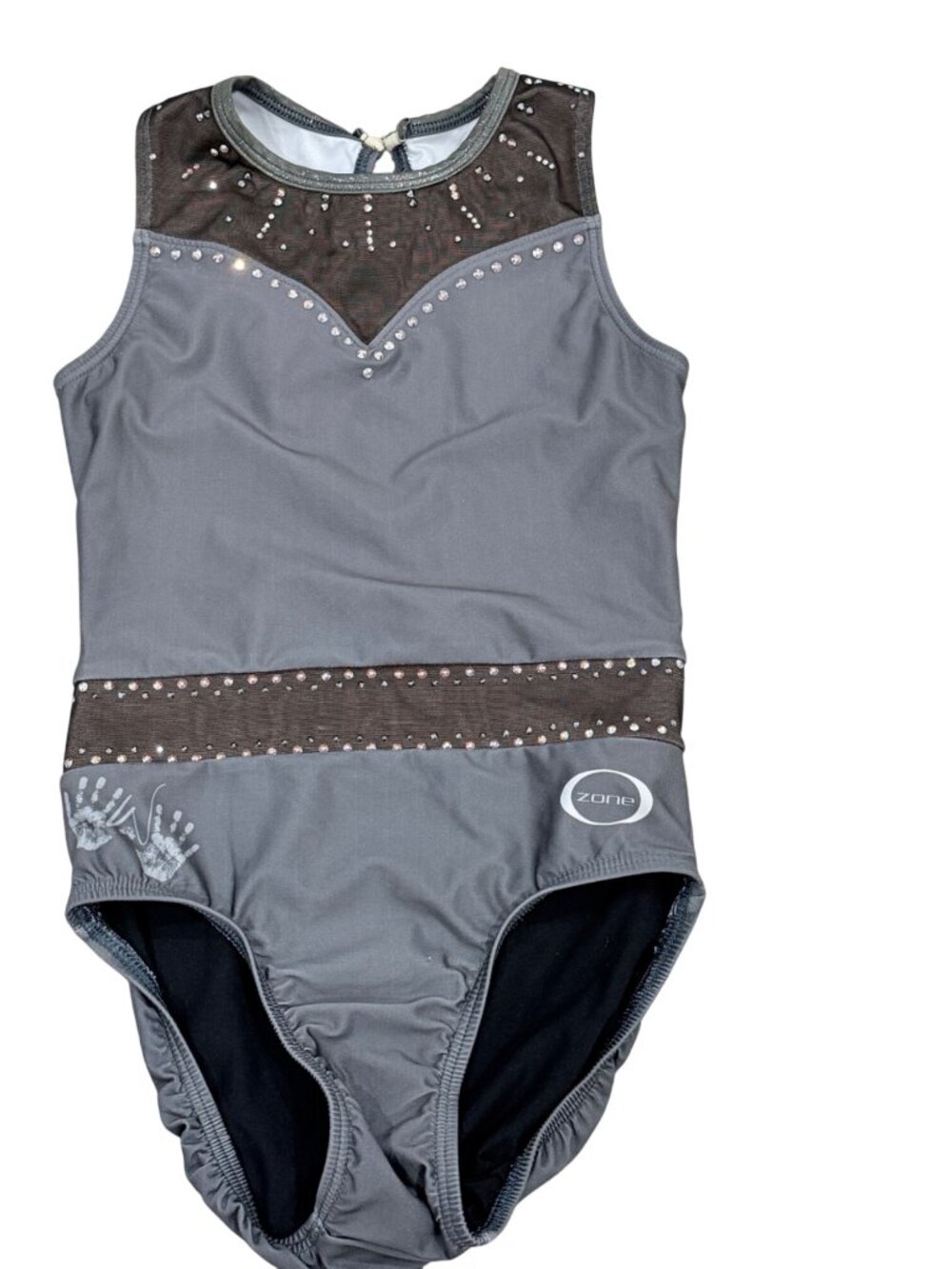 Ozone Chalk Warrior Gymnastics Leotard Gray With Rhinestones & Mesh Accents AXS
